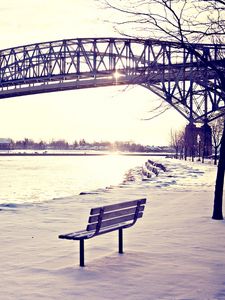 Preview wallpaper winter, bridges, beach, light, bench