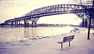 Preview wallpaper winter, bridges, beach, light, bench