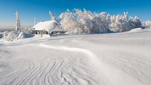 Preview wallpaper winter, building, snow, trees, drifts