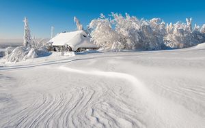 Preview wallpaper winter, building, snow, trees, drifts