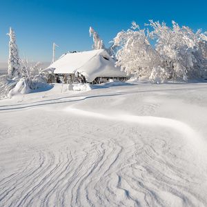 Preview wallpaper winter, building, snow, trees, drifts