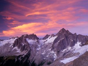 Preview wallpaper winter, evening, mountains, edge, tops, sky