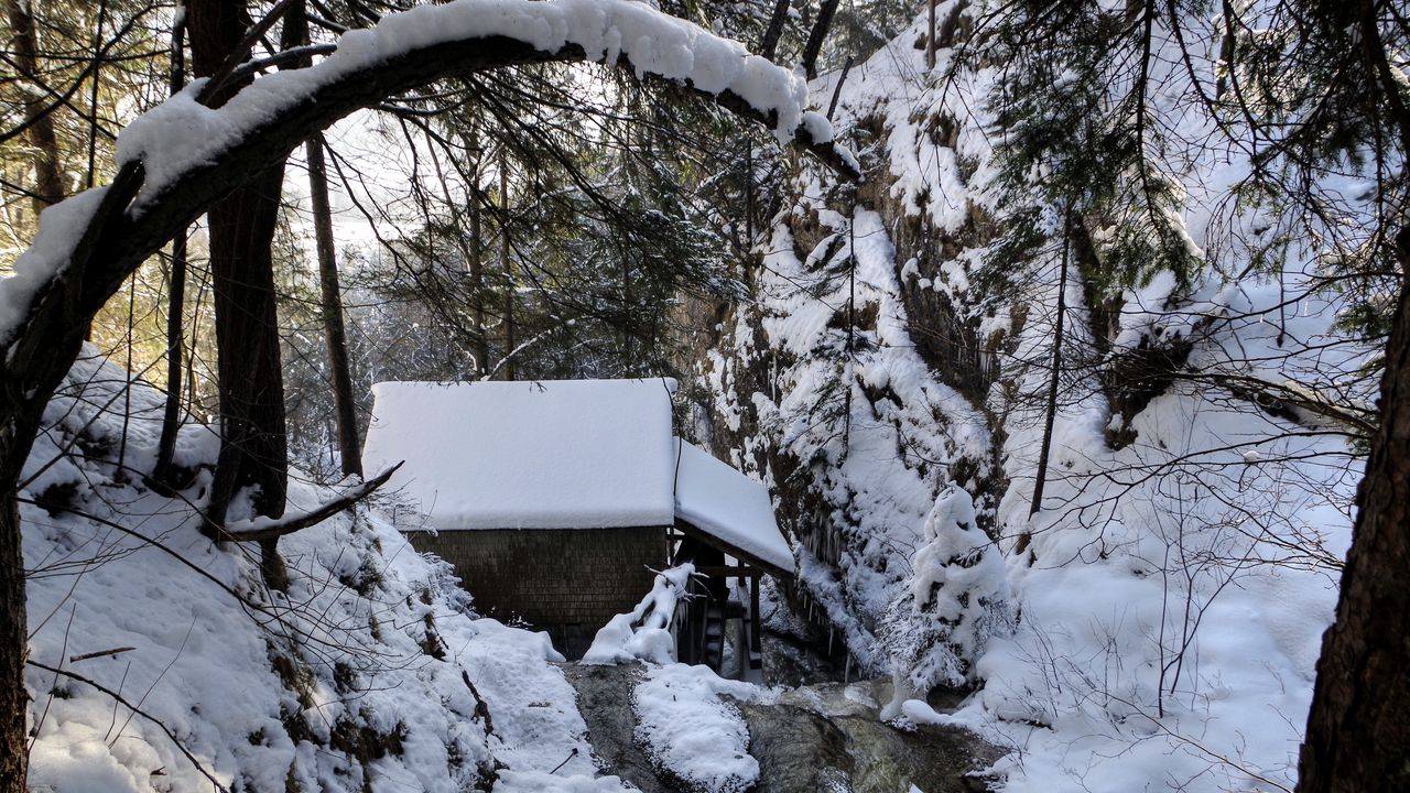 Wallpaper winter, forest, river, mill, landscape, beautifully