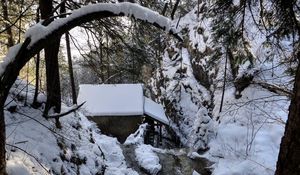 Preview wallpaper winter, forest, river, mill, landscape, beautifully