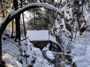 Preview wallpaper winter, forest, river, mill, landscape, beautifully