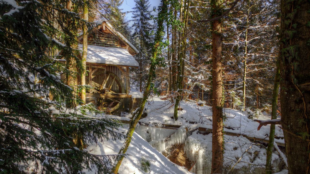 Wallpaper winter, forest, river, mill, landscape