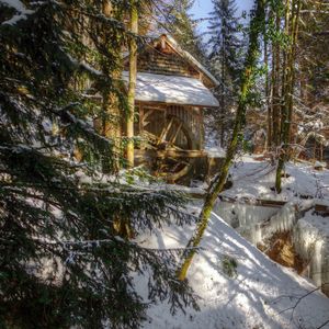 Preview wallpaper winter, forest, river, mill, landscape