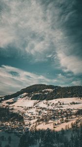 Preview wallpaper winter, forest, village, snow, aerial view, clouds