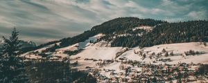 Preview wallpaper winter, forest, village, snow, aerial view, clouds