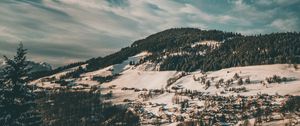 Preview wallpaper winter, forest, village, snow, aerial view, clouds