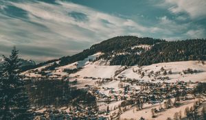 Preview wallpaper winter, forest, village, snow, aerial view, clouds