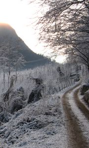 Preview wallpaper winter, hoarfrost, gray hair, road, country, gloomy, cold, melancholy