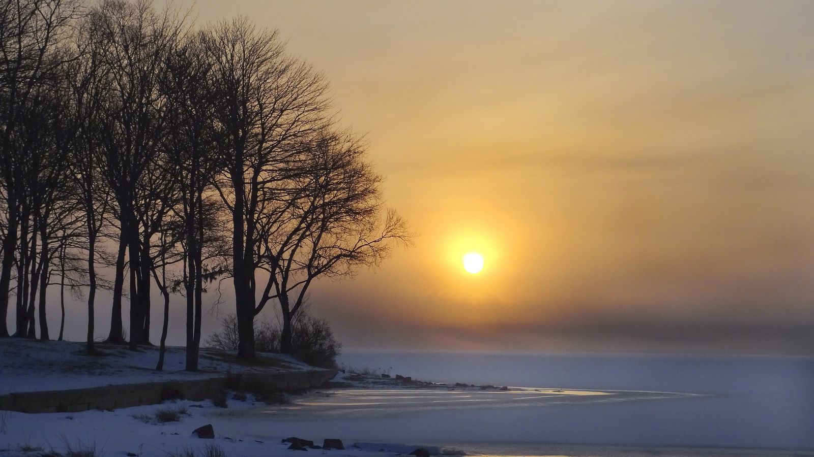 Download wallpaper 1600x900 winter, lake, ice, snow, trees, sun, dawn