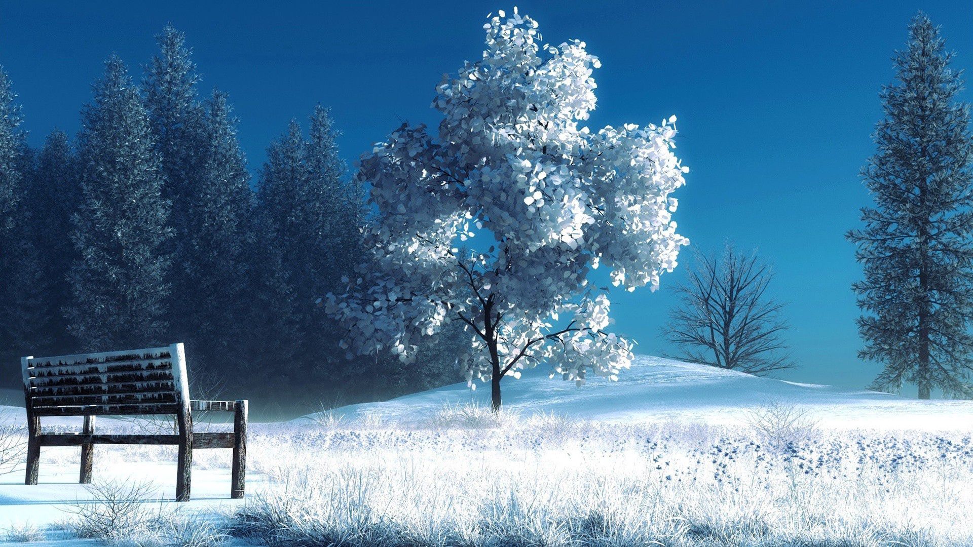 Download 1920x1080 winter, landscape, nature, snow, bench, trees wallpaper,...