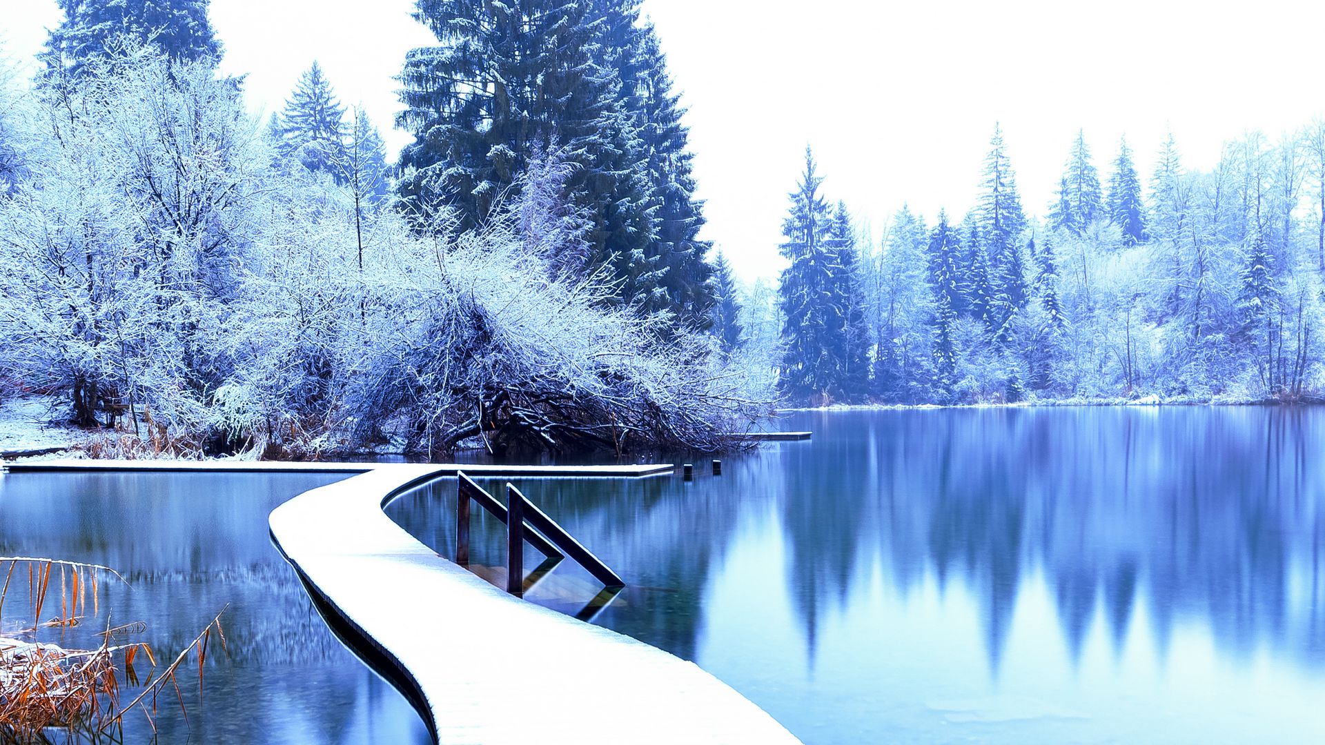 Download wallpaper 1920x1080 winter, landscape, pier, lake, spruces ...