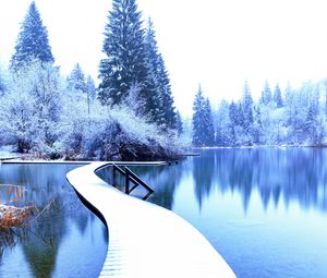 Preview wallpaper winter, landscape, pier, lake, spruces, trees