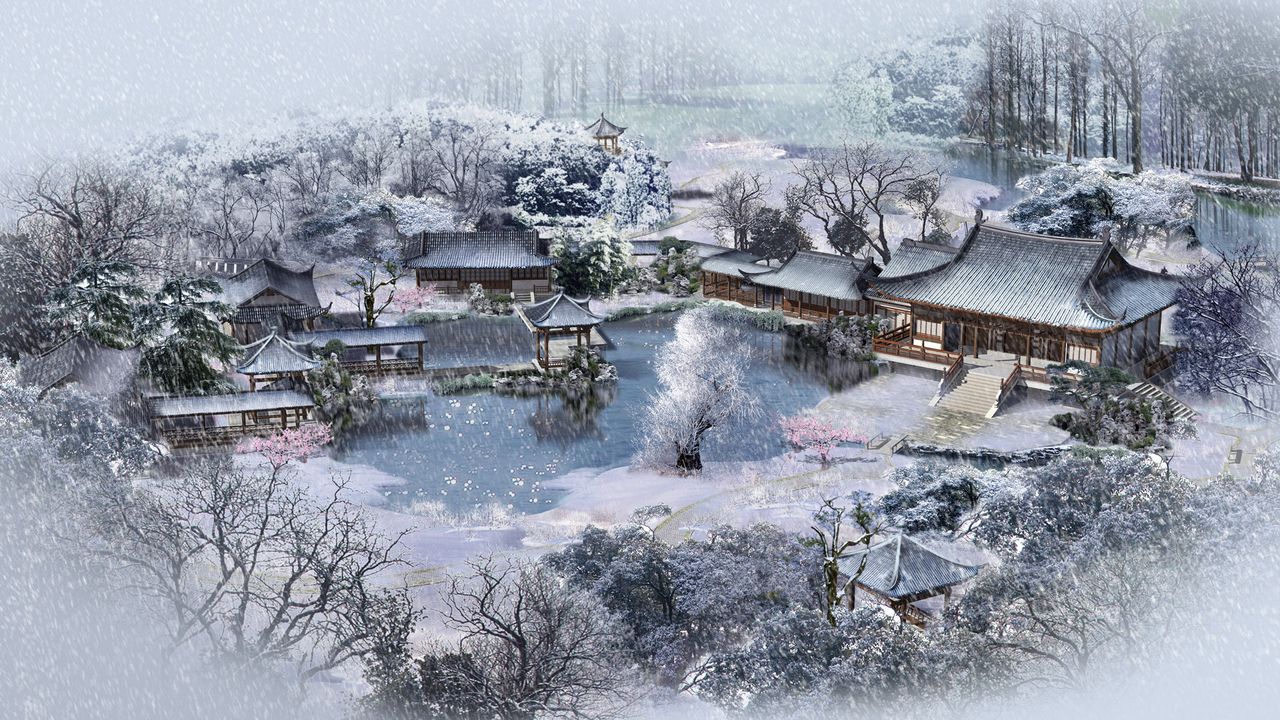 Wallpaper winter, lodges, china, snow, garden, pond, from above