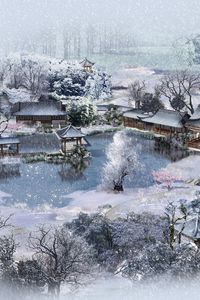 Preview wallpaper winter, lodges, china, snow, garden, pond, from above