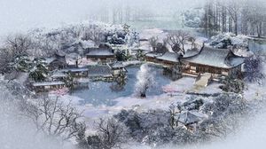 Preview wallpaper winter, lodges, china, snow, garden, pond, from above