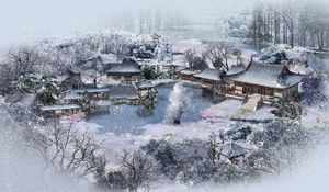 Preview wallpaper winter, lodges, china, snow, garden, pond, from above