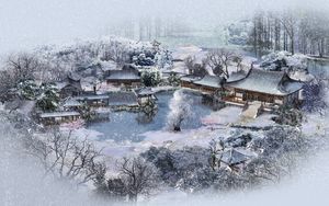 Preview wallpaper winter, lodges, china, snow, garden, pond, from above