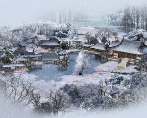 Preview wallpaper winter, lodges, china, snow, garden, pond, from above