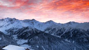 Preview wallpaper winter, mountains, dawn, structure, snow