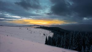 Preview wallpaper winter, mountains, forest, snow, sunset, sky, clouds, snowy