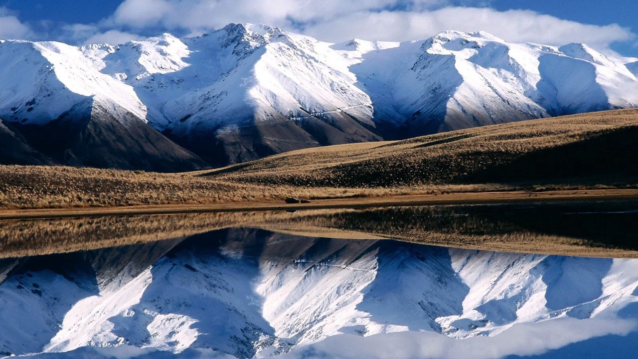 Wallpaper winter, mountains, reflection, lake, mirror, lines, relief
