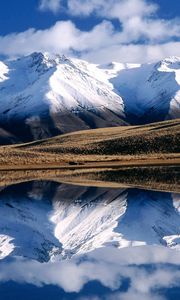 Preview wallpaper winter, mountains, reflection, lake, mirror, lines, relief