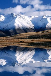 Preview wallpaper winter, mountains, reflection, lake, mirror, lines, relief