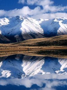 Preview wallpaper winter, mountains, reflection, lake, mirror, lines, relief