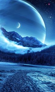 Preview wallpaper winter, night, mountains, road, planet, fantastic landscape