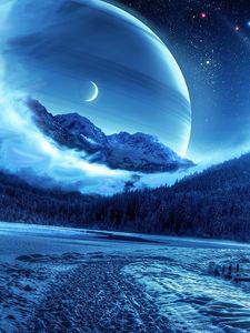Preview wallpaper winter, night, mountains, road, planet, fantastic landscape