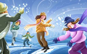 Preview wallpaper winter, people, pleasure, positive, snowballs, snow drifts, scarves