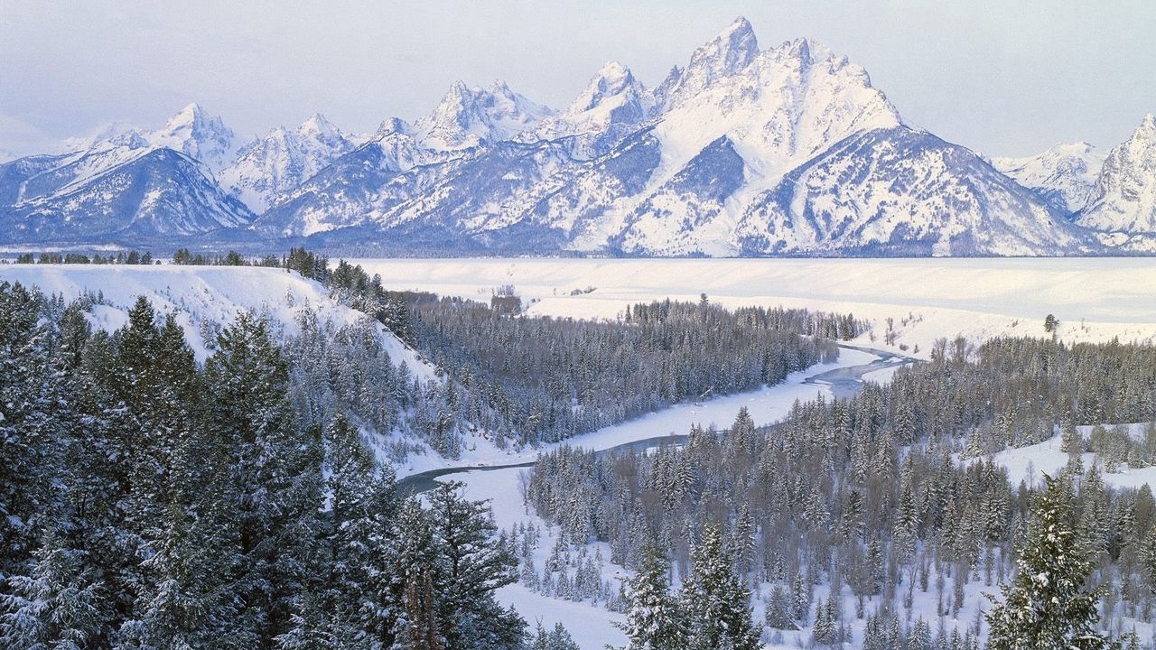 Wallpaper winter, river, mountains, landscape, fir-trees