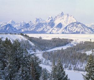 Preview wallpaper winter, river, mountains, landscape, fir-trees