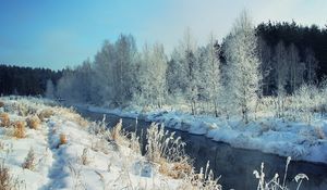 Preview wallpaper winter, river, snow, coast, hoarfrost, landscape