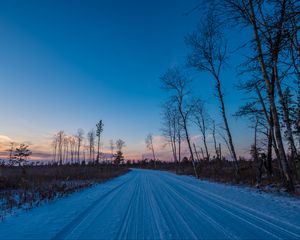 Preview wallpaper winter, road, trees, horizon, sky