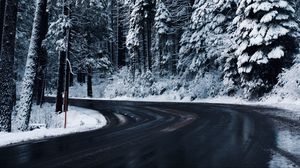 Preview wallpaper winter, road, trees, snow, turn
