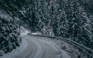 Preview wallpaper winter, road, turn, snow, branches, mountain