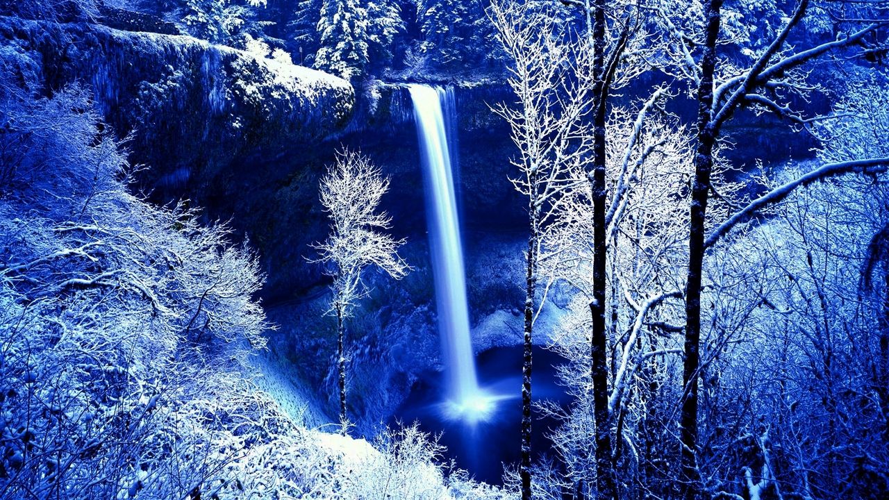 Wallpaper winter, rock, falls, frost, snow, trees, dark, cold, color