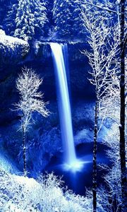 Preview wallpaper winter, rock, falls, frost, snow, trees, dark, cold, color