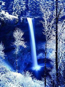 Preview wallpaper winter, rock, falls, frost, snow, trees, dark, cold, color