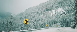 Preview wallpaper winter, signs, forest, trees, turn, mountains