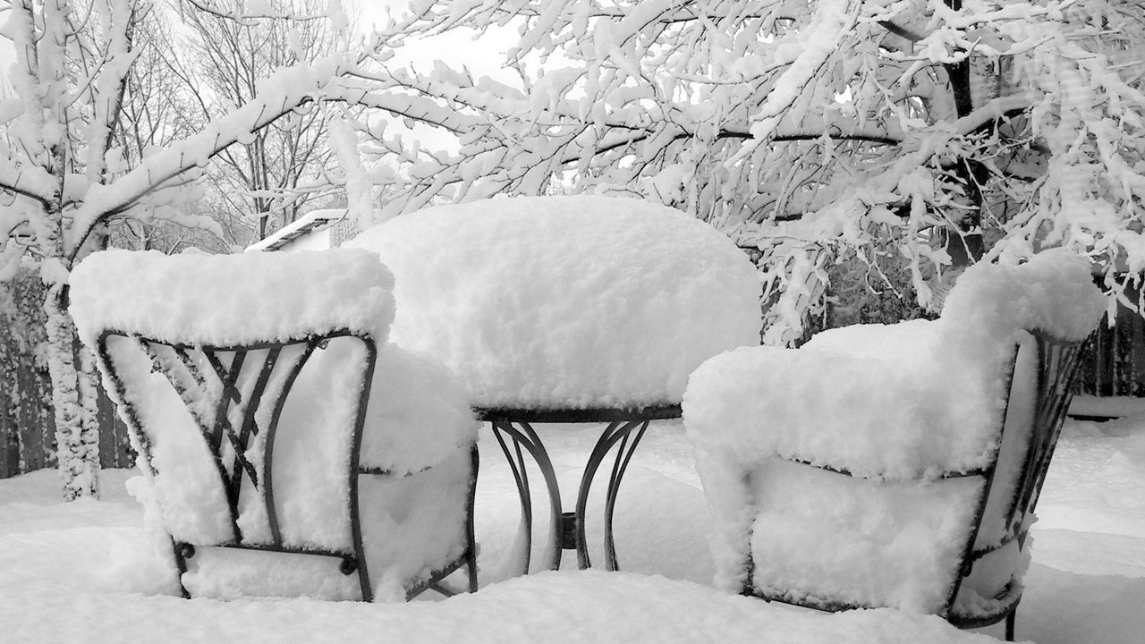 Wallpaper winter, snow, chairs, table, cover, attire