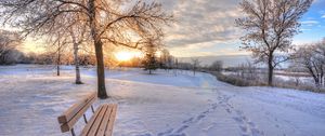 Preview wallpaper winter, snow, dawn, footprints, bench