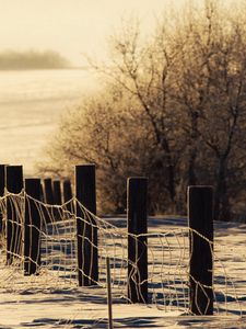 Preview wallpaper winter, snow, fence, protection, snowdrifts, cover, trees