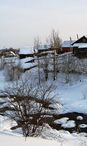 Preview wallpaper winter, snow, house, small river, bushes, tranquillity