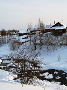 Preview wallpaper winter, snow, house, small river, bushes, tranquillity